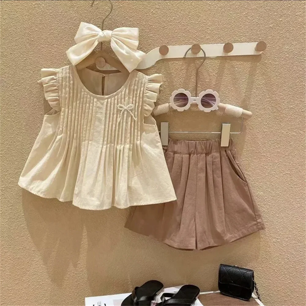 Bär Führer Mädchen Anzug Sommer Neue Koreanische Mädchen Süße Spitze Hohl Hemd Gefälschte Zwei Denim Shorts Kinder Kleidung Mädchen Kinder Kleidung