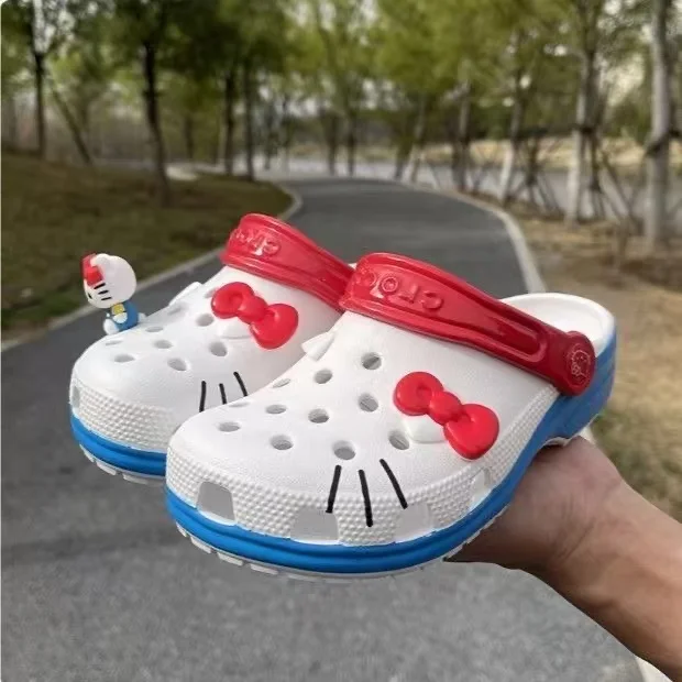 real pictures fast shipping new Sanrio hello kitty caroon cute lovely red bow good quality women girls white beach heel sandals