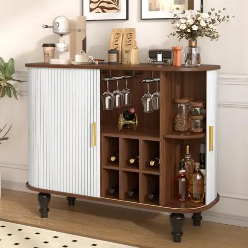 White Coffee Bar Cabinet with 6 Wine Racks and 3 Glass Holders, 39