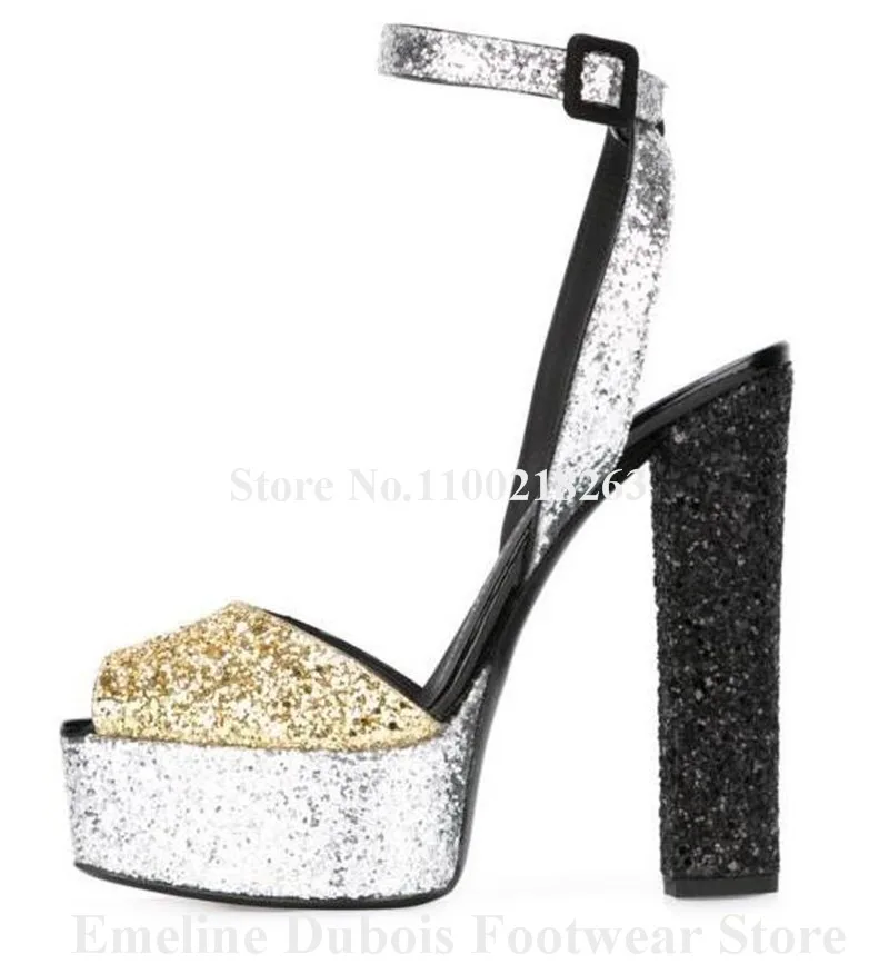 Bling Bling Patchwork Glitters Sandals Emeline Dubois Peep Toe Sequined High Platform Chunky Heel Dress Shoes Wedding Heels