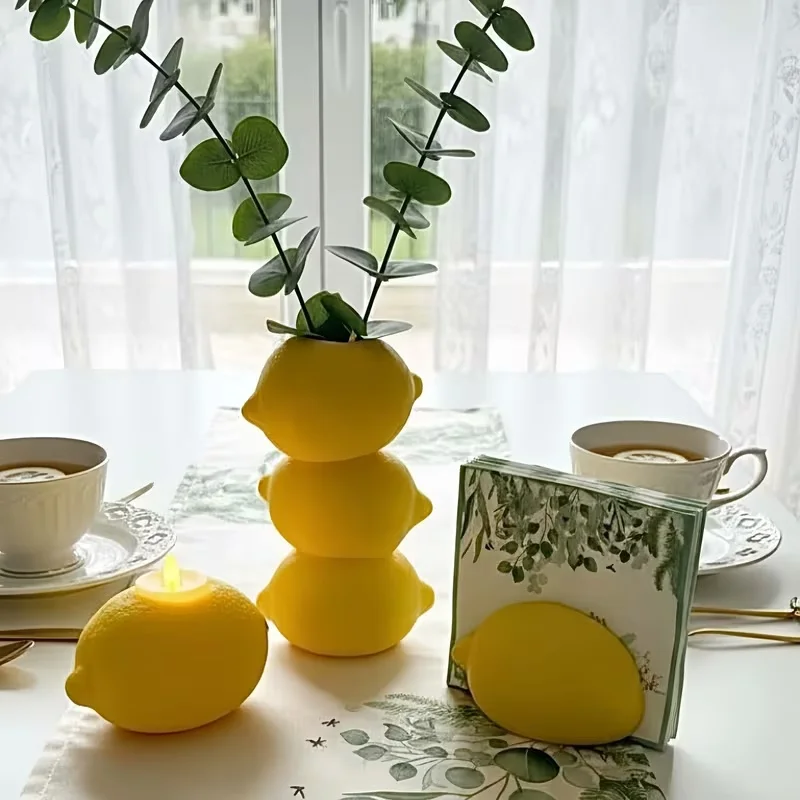 Lemon Candle Holder Napkin Stand Flower Vase Creative Yellow Fruit Theme Ornaments for Kitchen Coffee Tea Table Decor