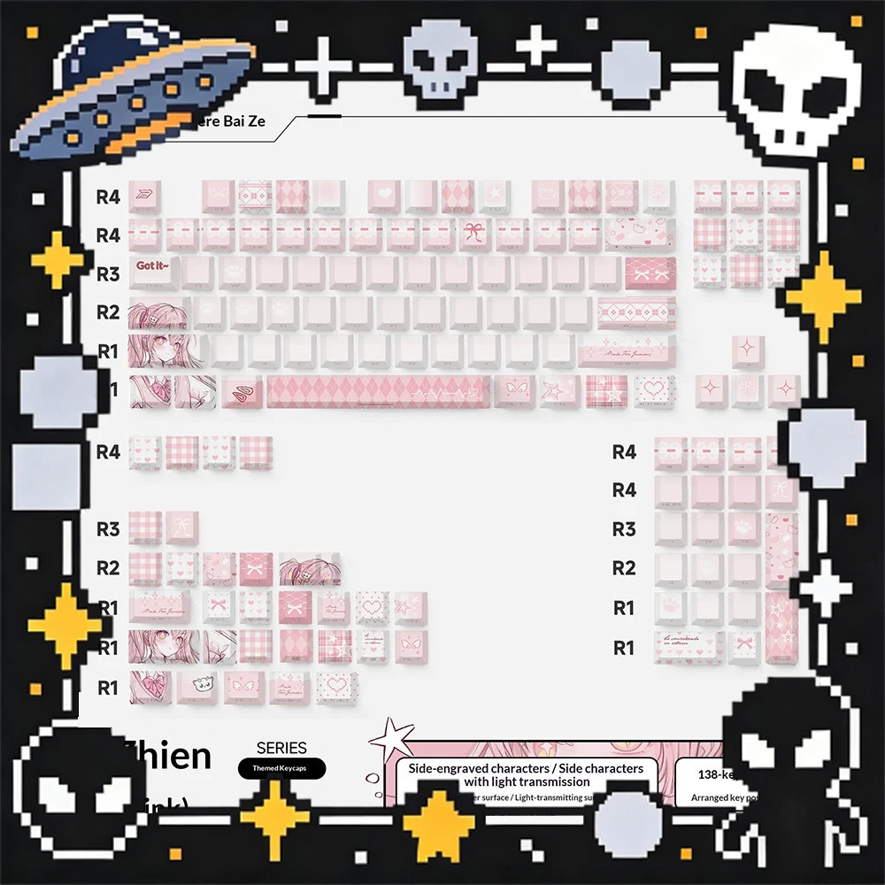 Bythere Gratitude PC Keycaps Secondary PBT Keyboard Keycaps Thermal Sublimation Thickening Side Engraving Transparent 138 key