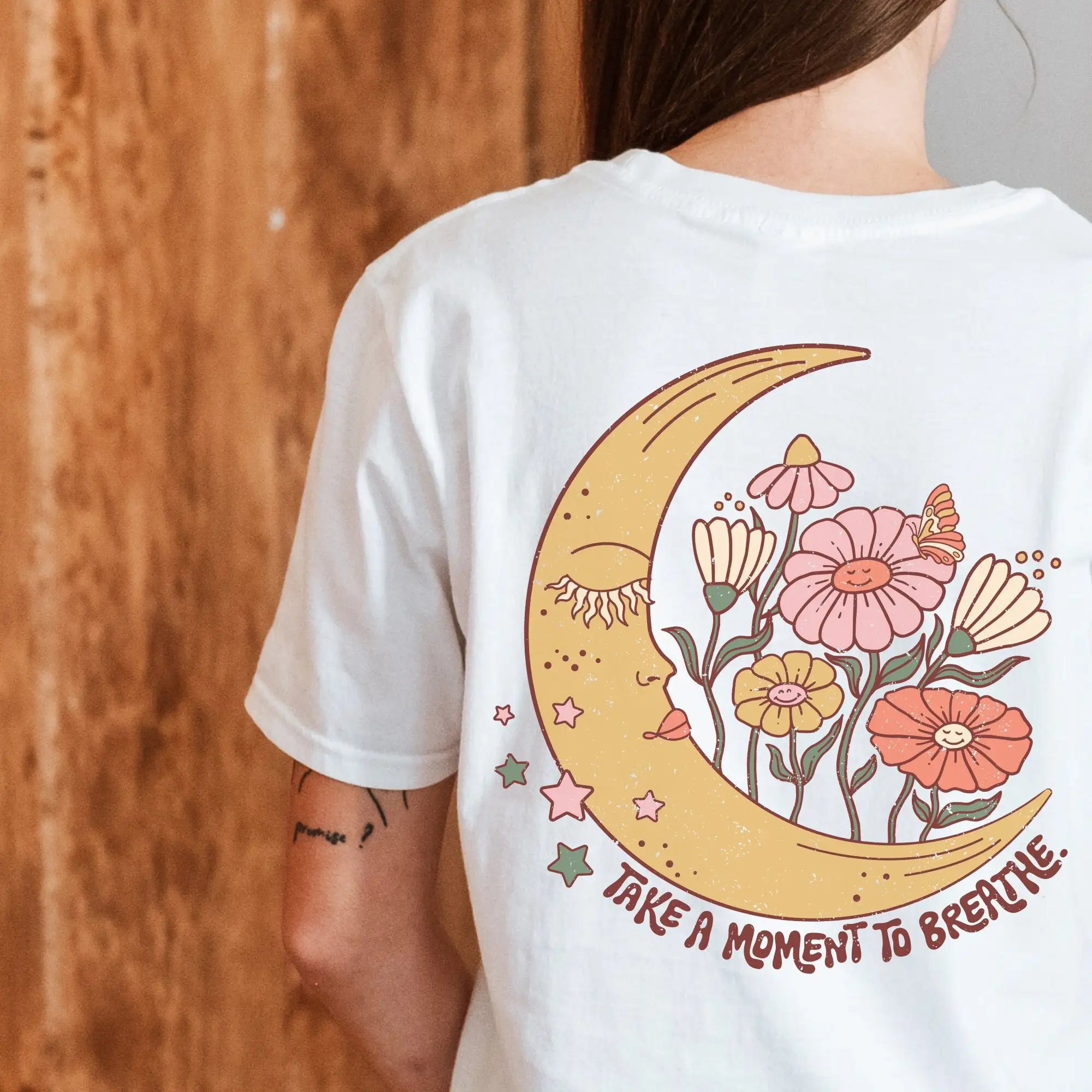 Vintage Moon Shirt With Affirmation Take A Moment To Breathe For Mindfulness Retro T Front Or Back Print