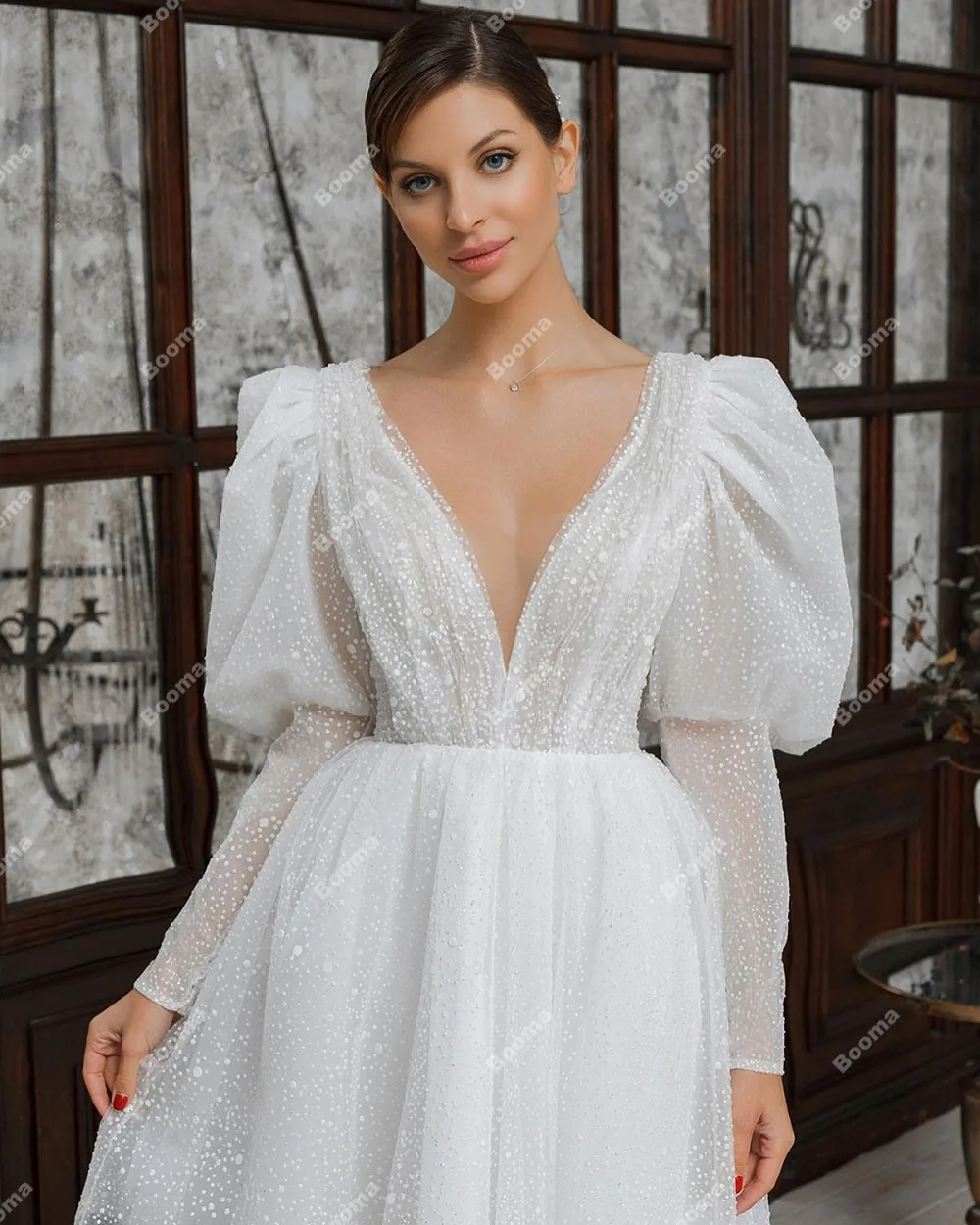 Booma Sexy A Line Short Wedding Dresses Deep V Neck Long Puff Sleeves Bridal Party Gowns Knee Length Bride Dresses for Women