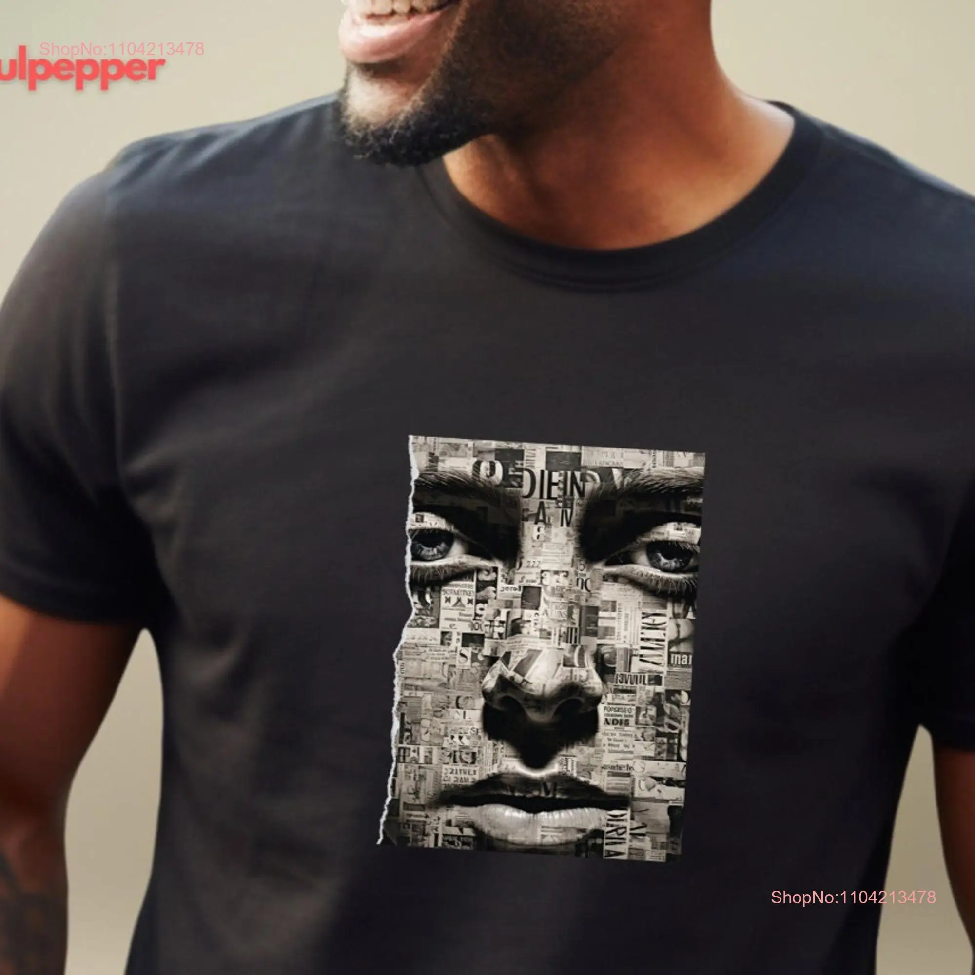 Black T Shirt For Men Face Image Tabloid  long or short sleeves