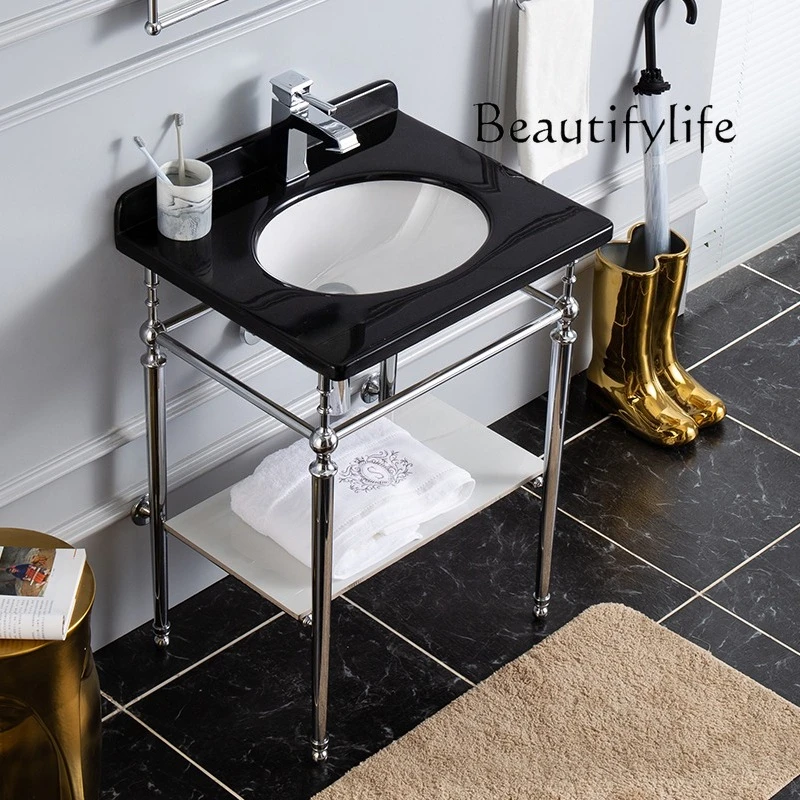 

Black marble bathroom cabinet four legs double panel bracket wash basin retro fashion