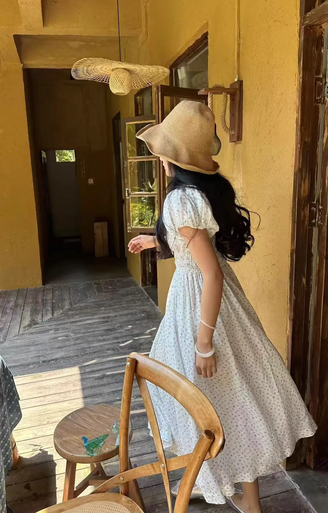 

Floral Print Women Midi Dress 2025 New Lace-up O-Neck Elastic Waist Puff Sleeve Holiday Female Robe