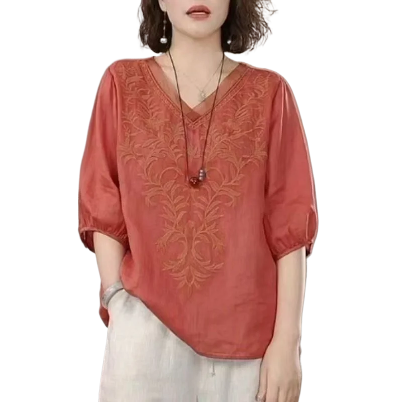 Advanced Western style, age reducing, loose summer new style cotton and linen embroidered women's thin shirt