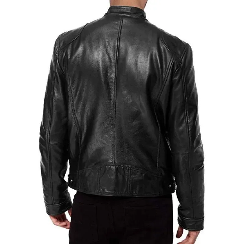 Fashionable Men\'s Stand Collar Leather Jacket with Motorcycle Style Men\'s Punk Style Leather Jacket with Motorcycle Elements