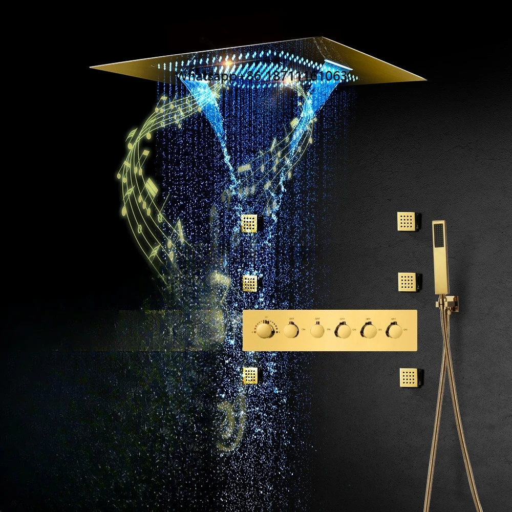 600x800mm Gold Led Shower Head with Music System Thermostatic Control  Waterfall Rain Shower Faucet Set