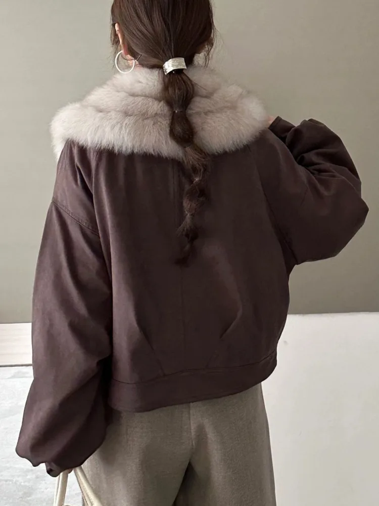 ZMEENNA 여성용 카키 코튼 봄버 재킷 모피 칼라 루즈 캐주얼 짧은 아웃웨어 퍼프 슬리브 겨울 코트 ZM4566