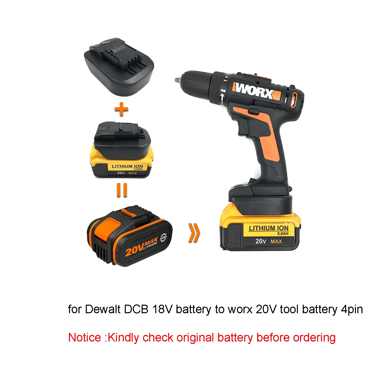 Imagem -04 - Bateria da Ferramenta Worx20v Max Adaptador 4pin 5pin 6pin Apto para Makita Dewalt Milwaukee Bosch 18v 20v