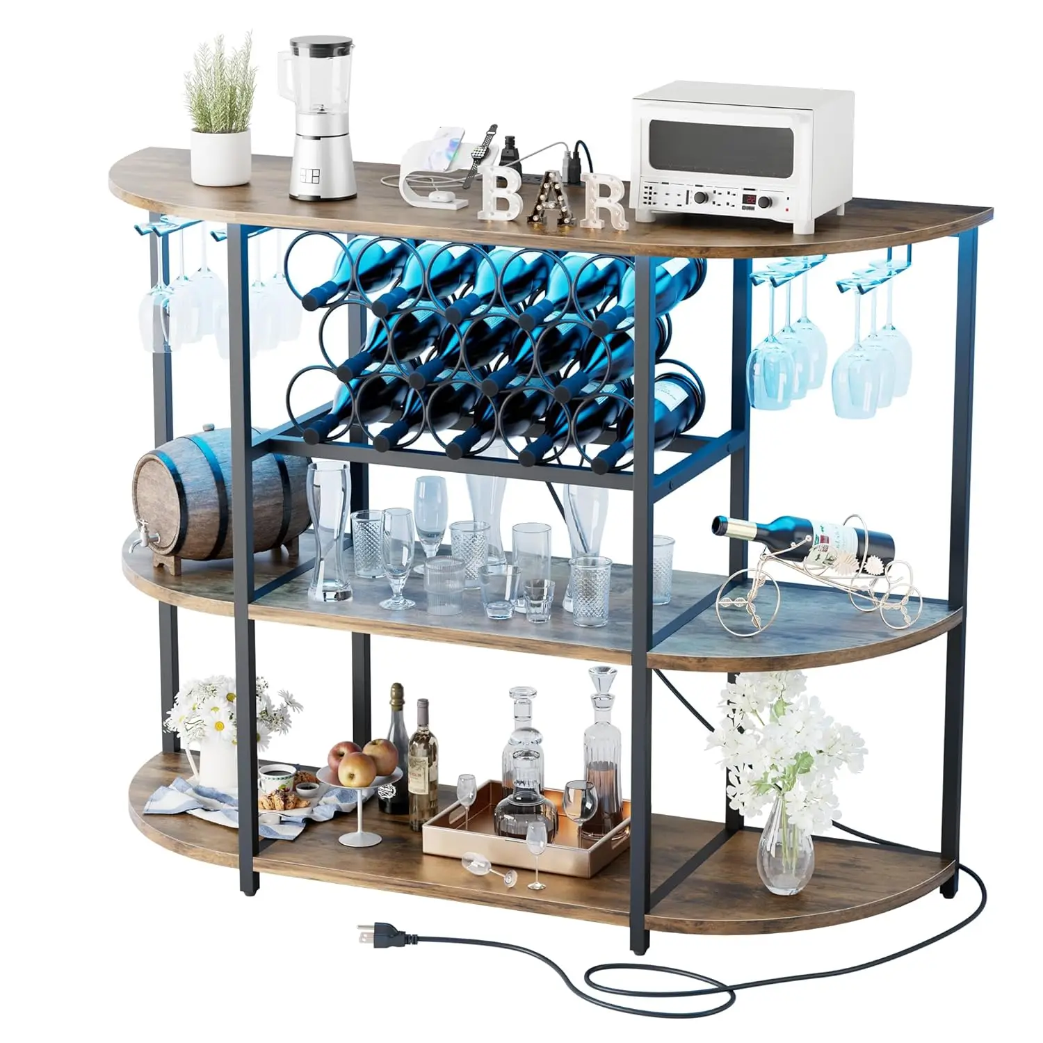 

Wine Bar Cabinet with LED Light and Charging Station, Freestanding Wine Racks & Cabinet with 3 Tiers Storage, Customized
