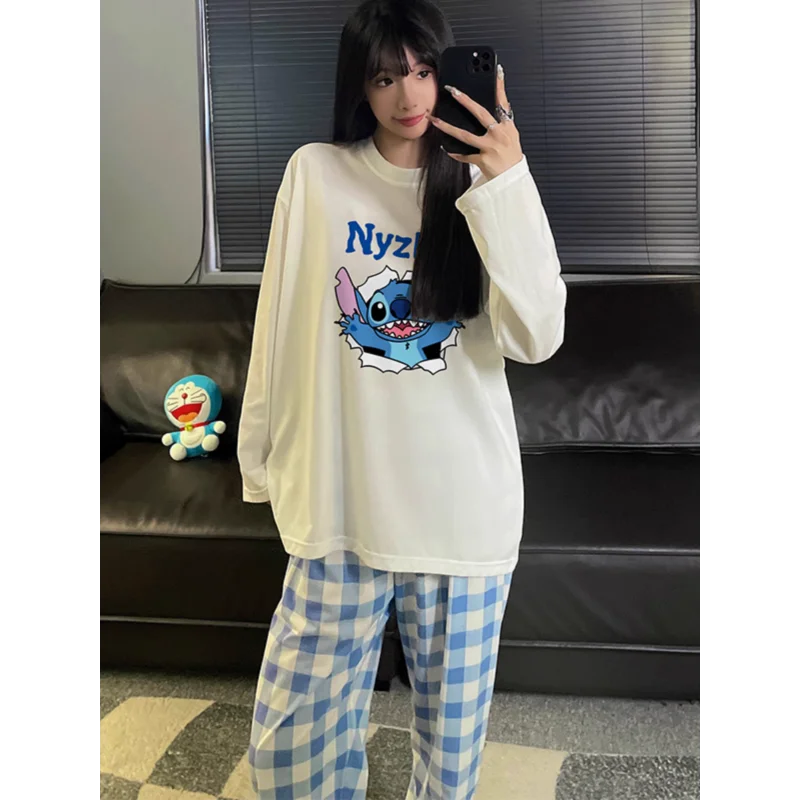 Stitch pure cotton pajamas round neck long sleeves trousers cartoon loose women\'s pajamas Disney silk pajamas women\'s loungewear