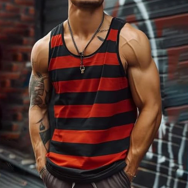 

Vintage Striped Graphic Tank Tops For Men Retro Street Casual Summer Sleeveless 3D Print Vest Loose O Neck Quick Dry Sports Tops