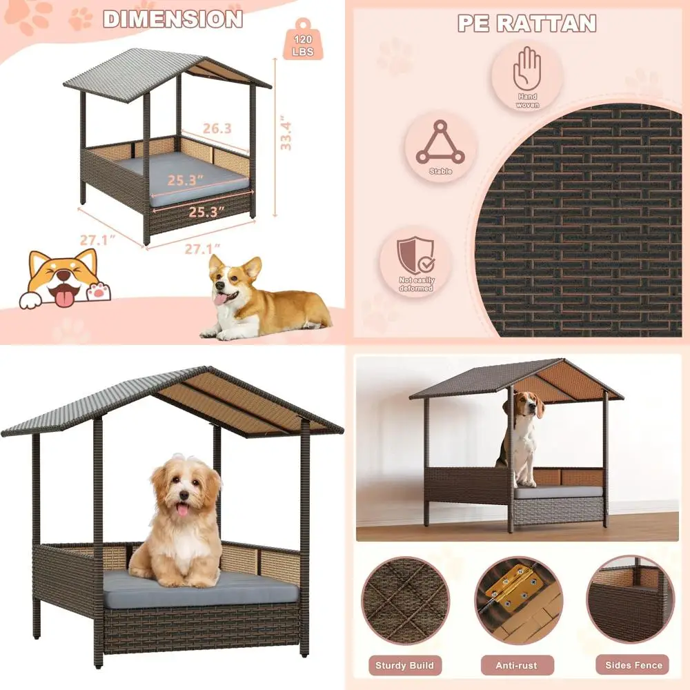 

Weather-Resistant Rattan Dog House with Canopy, Removable Cushion Dog Bed for Small/Medium Dogs, Washable, Suitable for Patio, D