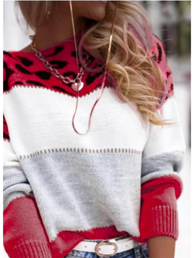 Leopard Printed Color Block Pullover Women Long Sleeve Loose Round Neck Sweater Casual Autumn Winter Top