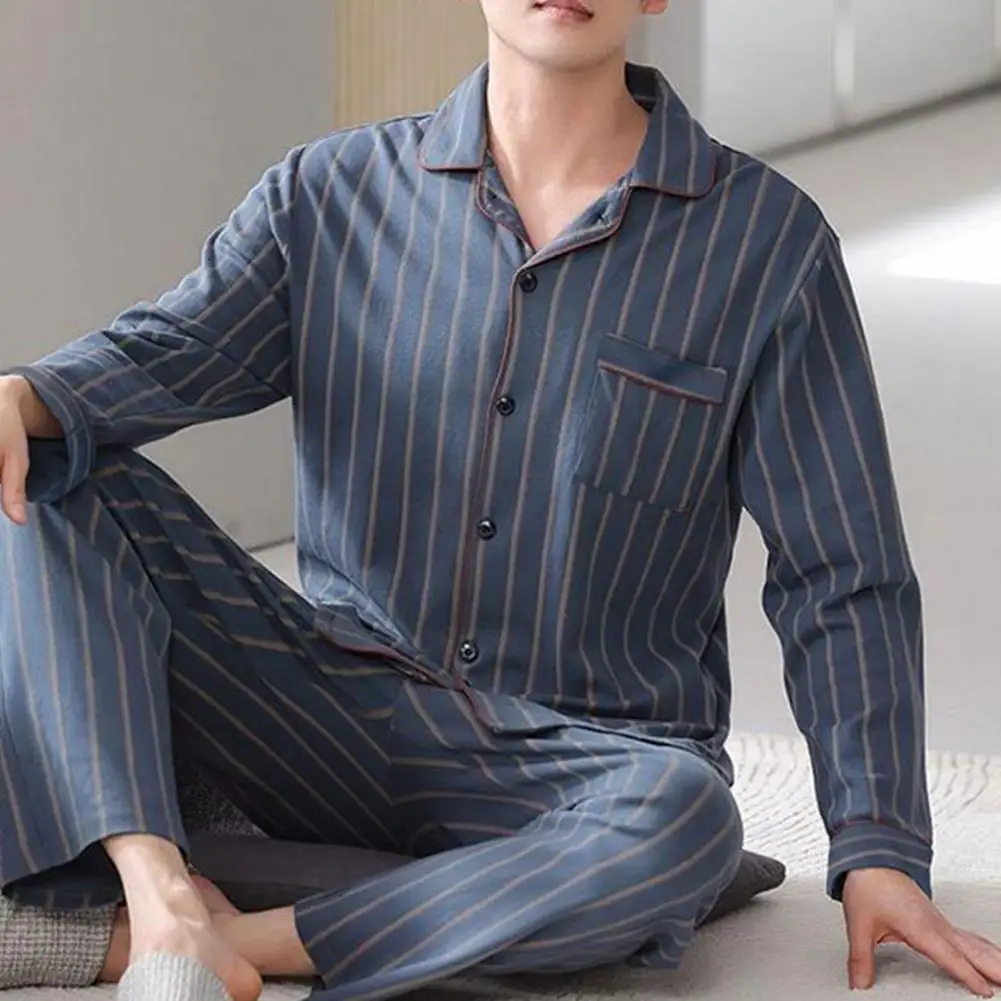 Pijama de manga longa masculino com gola de lapela, estampa elegante, secagem rápida, conforto familiar, primavera, outono