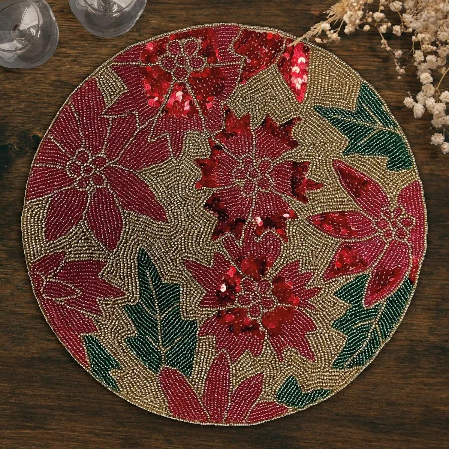 

Gold Red Beaded Placemats for Dining Table Set of 4 14 Inches Kitchen Decor Scratch Heat Resistant Charger Durable Tablemats Pe