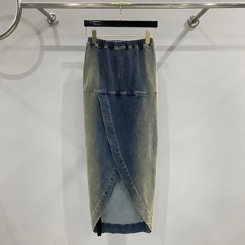 2024 High Street R0 Denim Skirt for Woman Y2k Vintage  Gradient Washed Denim Drawstring Floor Length Skirt