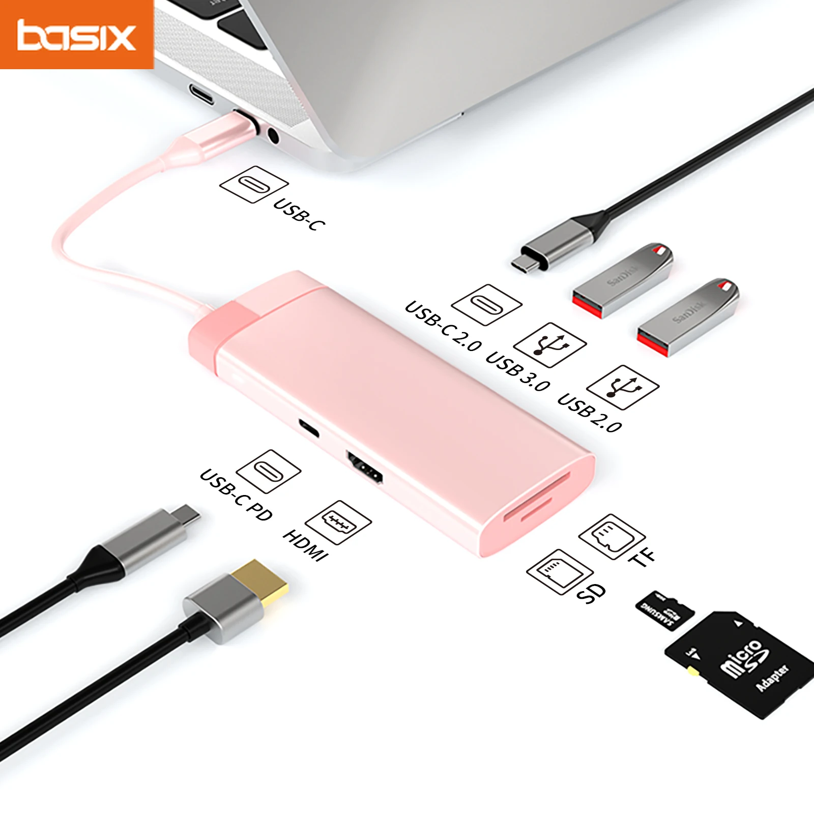 

Basix type c hub 7 in 1 usb c hub Type-C to PD 100W USB3.0 HD-MI USB-C2.0 SD TF for MacBookPro Air M1 M2 usb c docking station