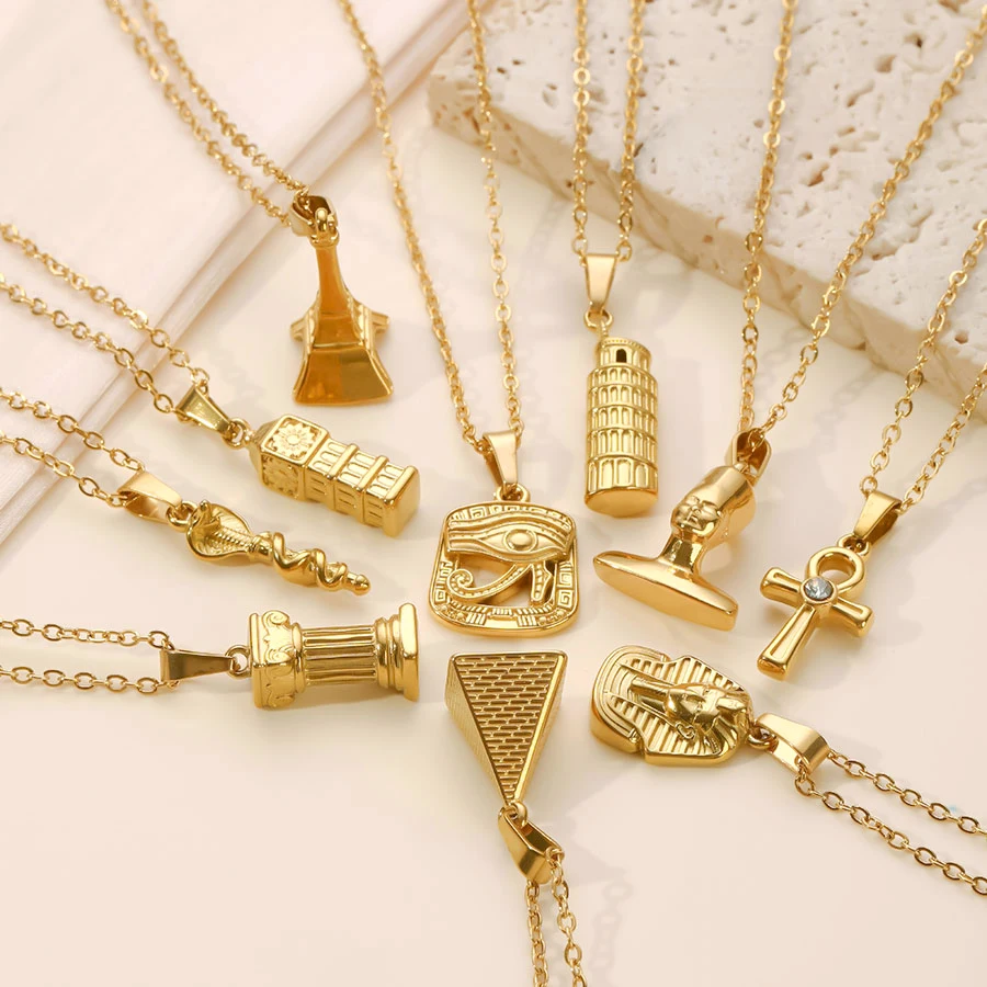 1Pc Ancient Egypt Nefertiti The Eye Of Horus Anka Cross Pyramid Necklace Eiffel Tower Roman Column European Style Charms Jewelry