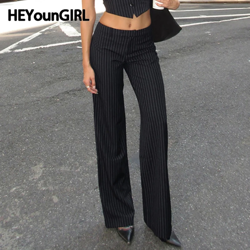 

HEYounGIRL Office Lady Striped Suit Pants Casual Minimalist Low Waist Straight Trousers Fashion Y2K Streetwear Spring Outfits