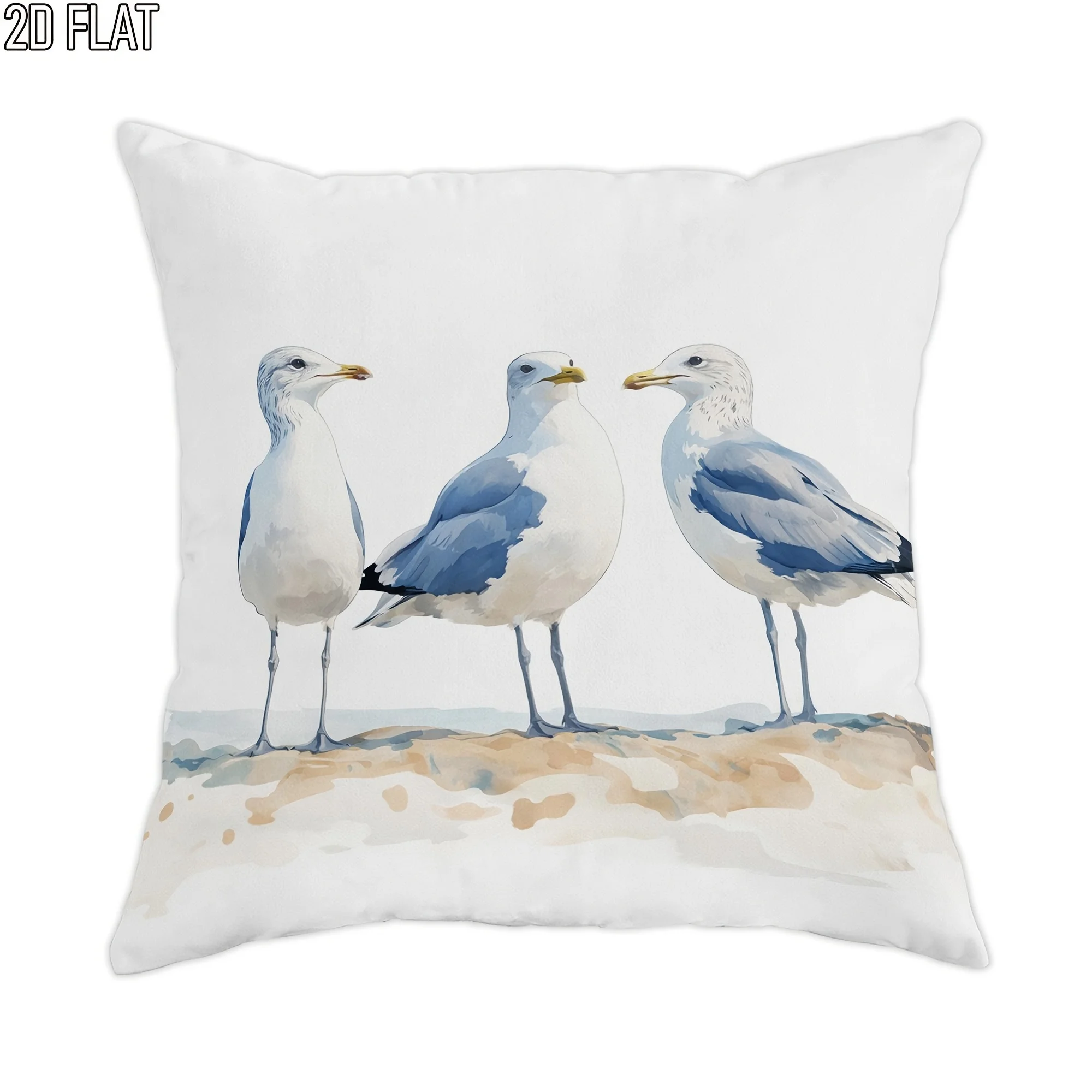 

2D Flat 1pc 18x18 Inch Summer Coastal Beach Throw Pillow Covers, Blue White One Sided for Sofa Bed Decor, No Inserts