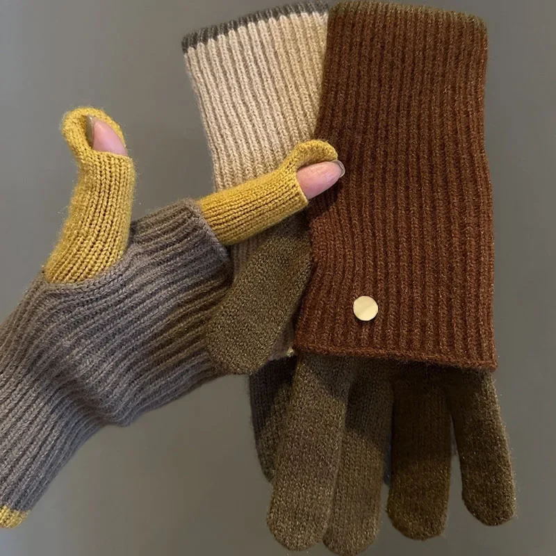 Winter Women's Exposed Finger Touch Screen Warm Long Short Dual-Use Cycling Student Color Blocked Knitted Yarn Gloves