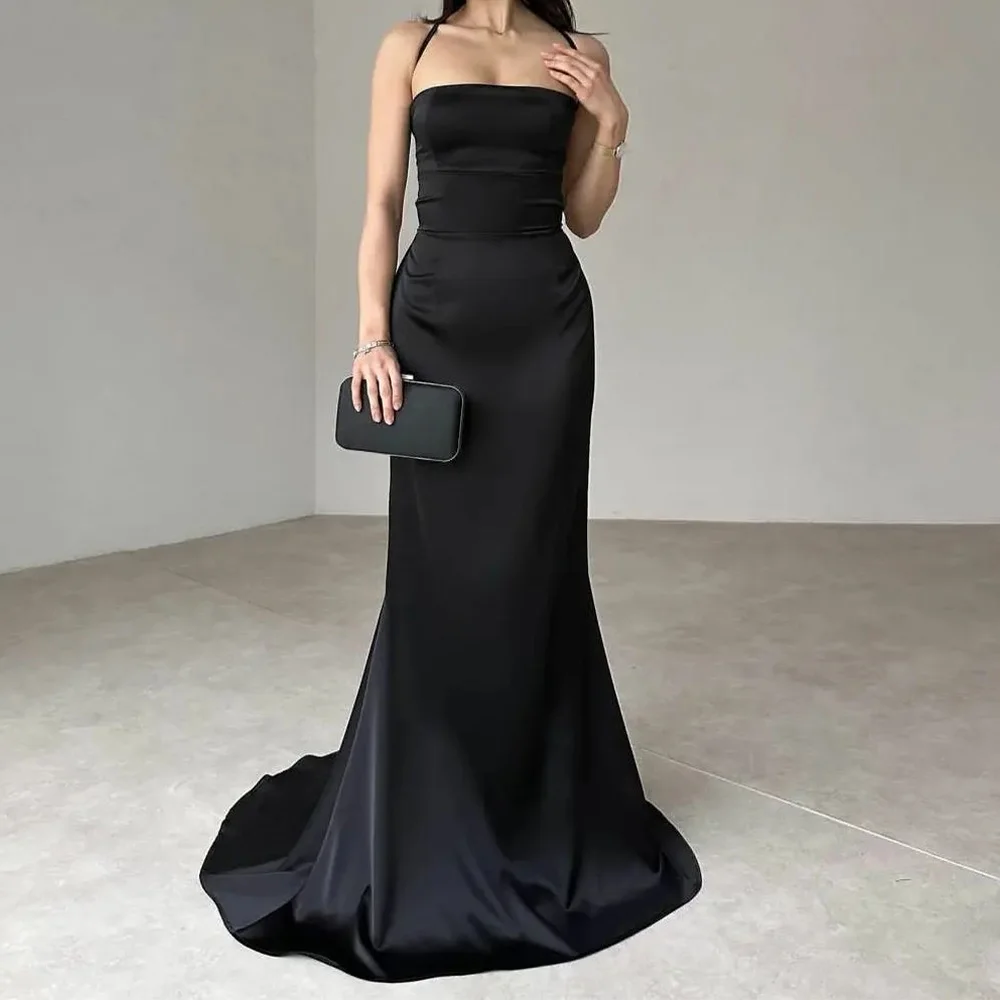 

Satin Straight Pleats Sleeveless Floor Length Sweep Train Solid Black Elegant Party Dresses Woman Dresses For Formal Occasions