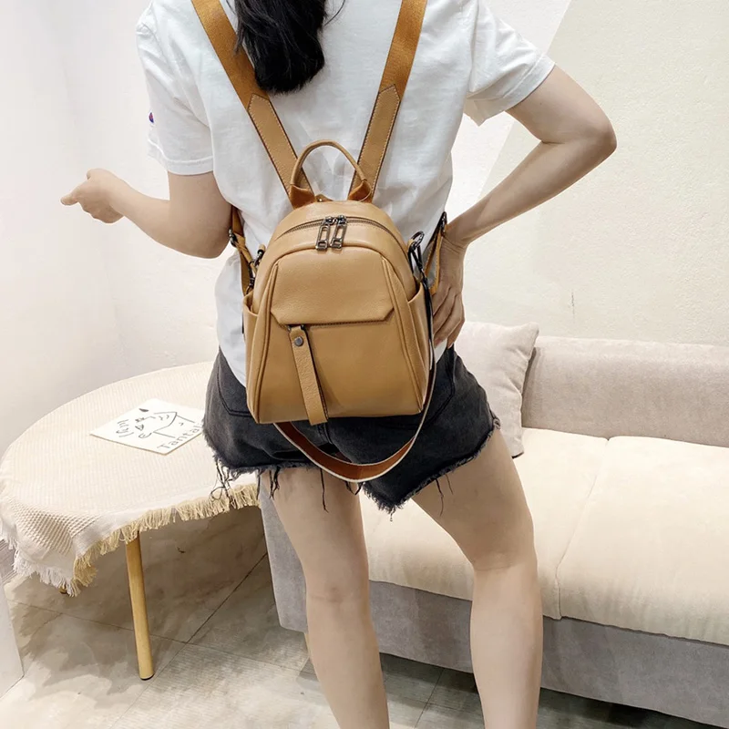 ZENCY 100% Genuine Cow Leather Calfskin Women Backpacks First Layer Nature Cowhide Book Dual Function Backpack One Shoulder Bags