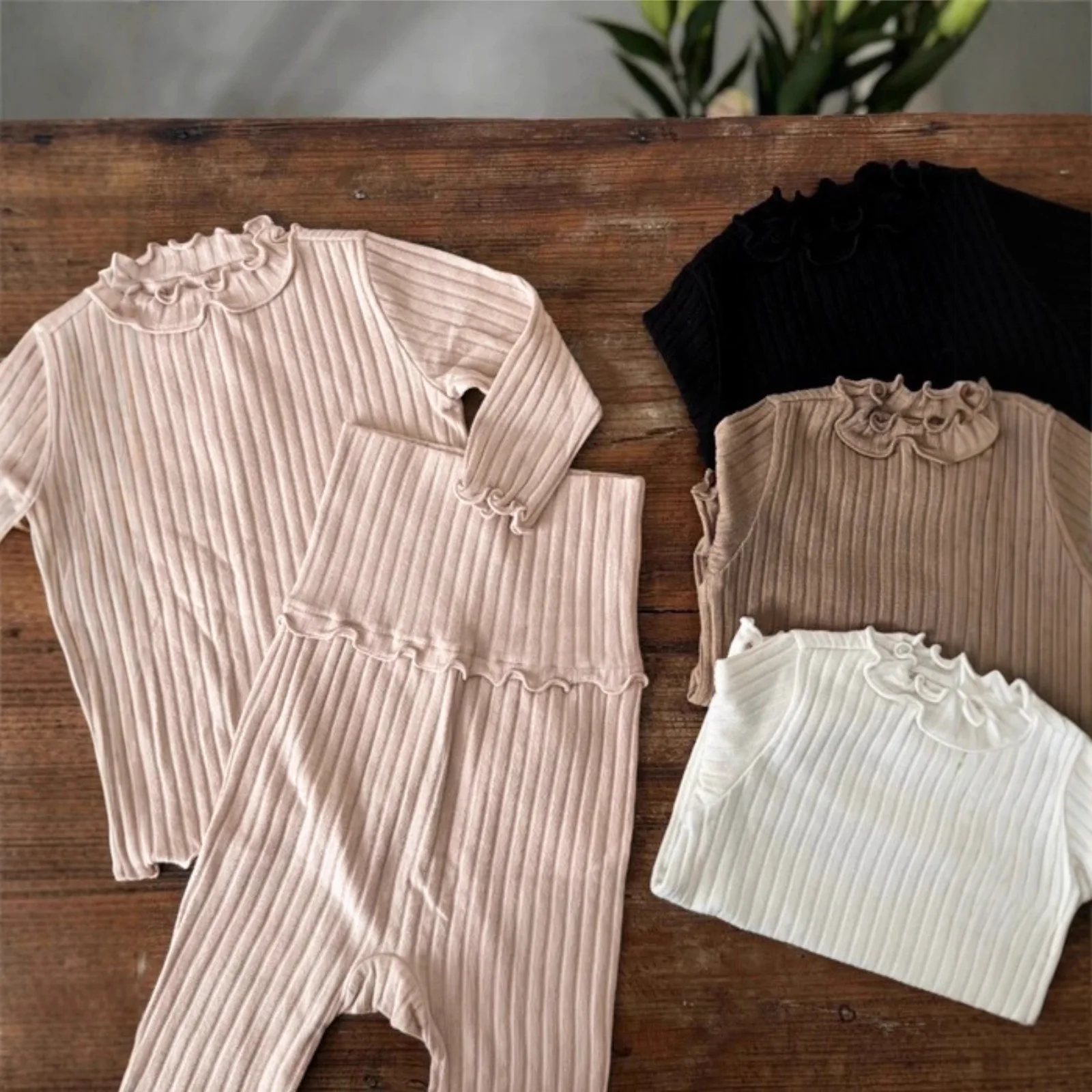 2026 Spring New Baby Long Sleeve Clothes Set Solid Infant Girl Cotton Ribbed Tops + High Waisted Pants 2pcs Suit Toddler Outfits
