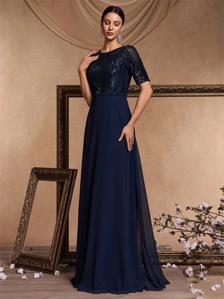 BLUEPLUM elegante korte mouwen blauwe pailletten avondjurk luxe vrouwen chiffon zeemeermin bruidsmeisje partij maxi prom jurken