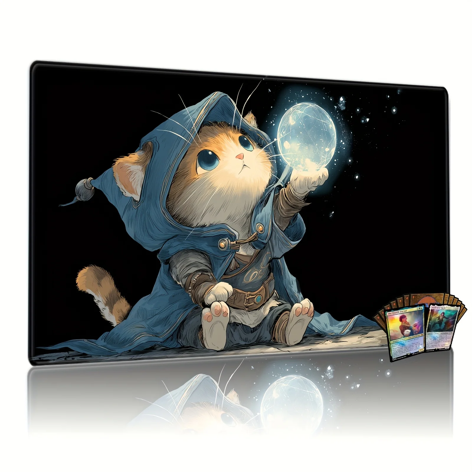 

Enchanting Chibi Wizard Cat with Crystal Ball Playmat 24x14 Inch Mouse pad Rubber Game Fantasy-Themed Cat Desk Mat For TCG/MTG