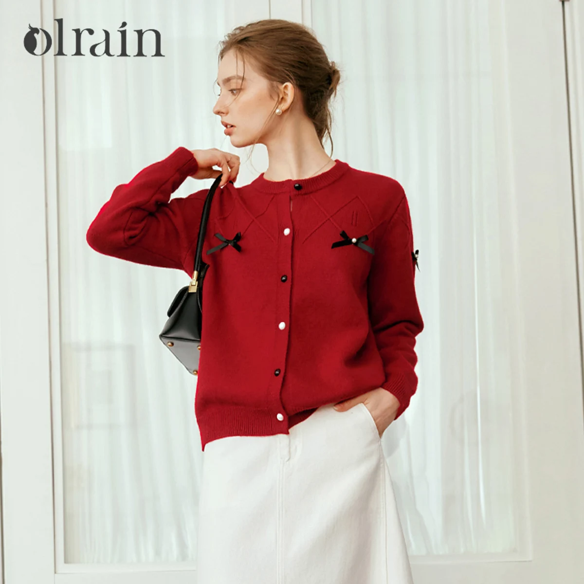 

OLrain Retro Plaid Jacquard Cardigan Woman Elegant Commute O Neck Knitwear Spliced Button Chic Bow Ladies 2025 Autumn N56QM93289