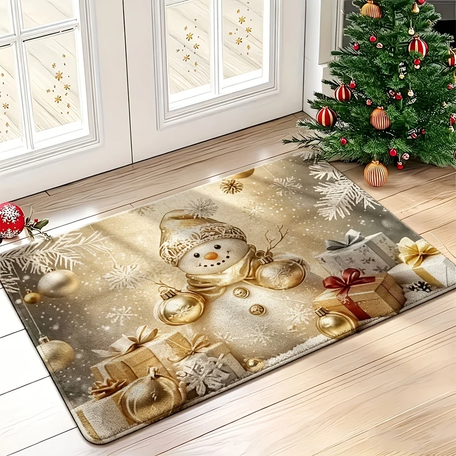 Vintage Golden Snowman Gift Box Floor Mat cottage front entry porch garage terrace household decorative seasonal door mat