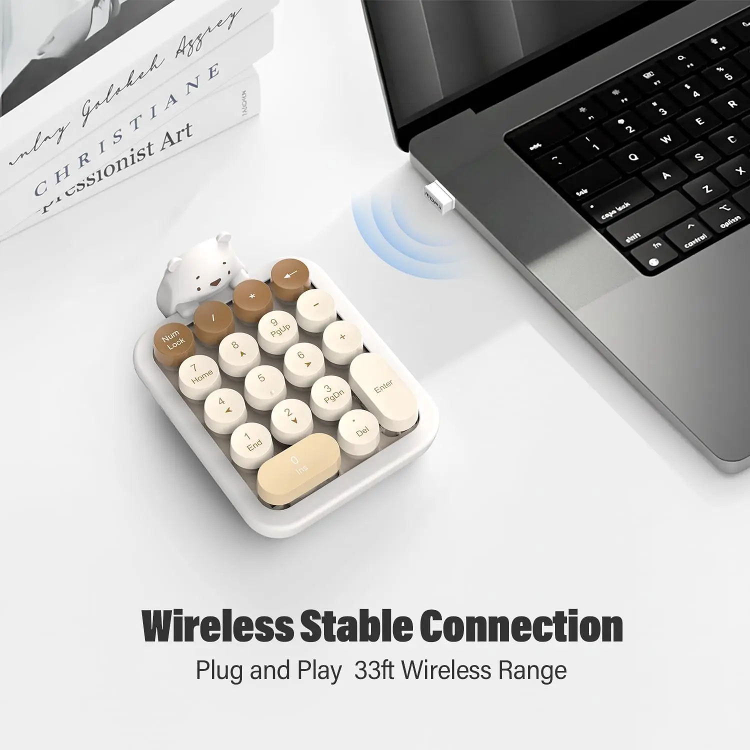 Cute Colorful Wireless Number Pad with Silicone Cover & Cute Bear Ornament, 2.4G Stable Wireless, Financial Accounting Extension