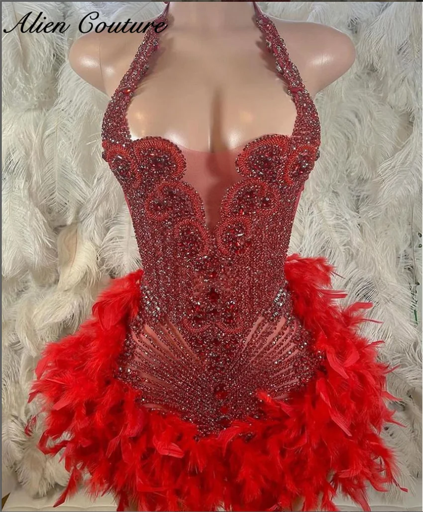 Glitter Red Birthday Dress For Black Girl Short Prom Dress Cut-out Crystal Beading Cocktail Dress Feathers