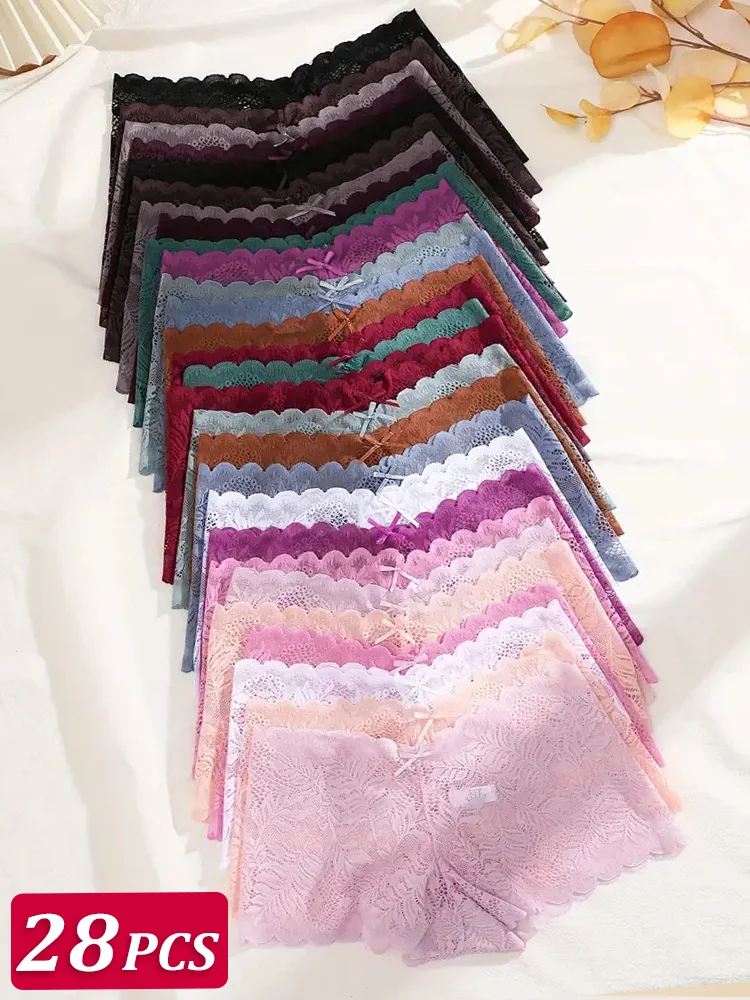 

28Pcs/Set Women Seamless Lace Underwear Boxers Sexy Breathable Low Waist Female Soft Solid Color Intimates High Elastic Lingerie