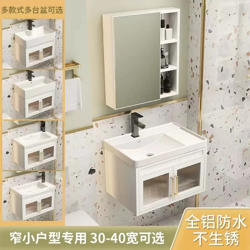 Aluminum Bathroom Cabinet with Mirror Ceramic Integrated Washbasin Narrow Bathroom Vanity Cabinet with Sink Bathroom Furniture