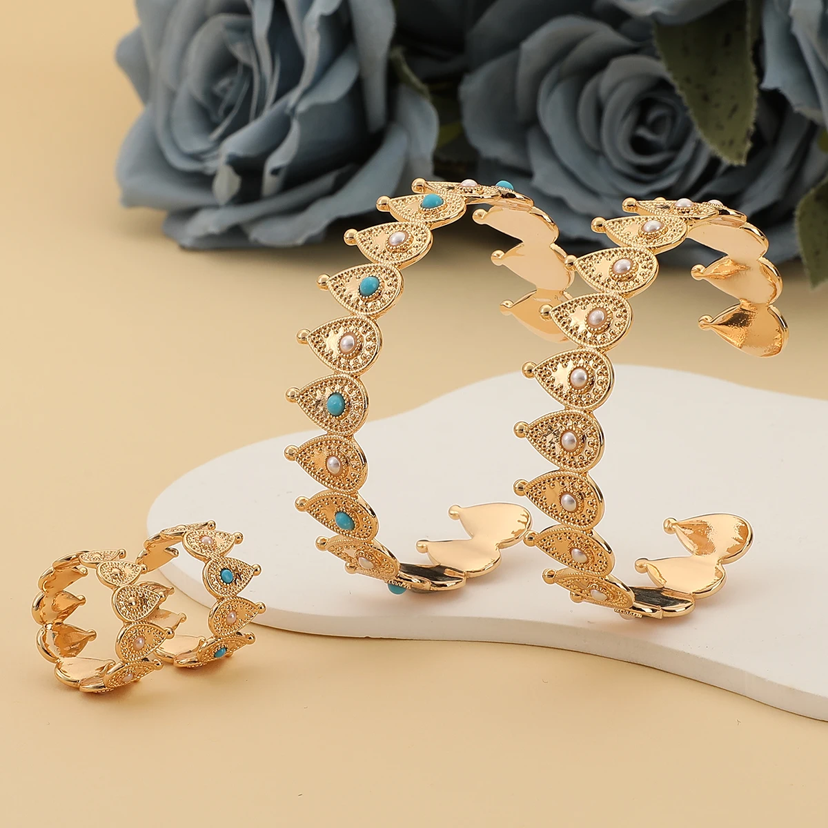 Women Fashion Copper 2 Pcs Bangle Ring Set Arabic Ethnic style Waterdrop Deisgn Pearl Bangle Luxury Wedding Praty Jewelry Set