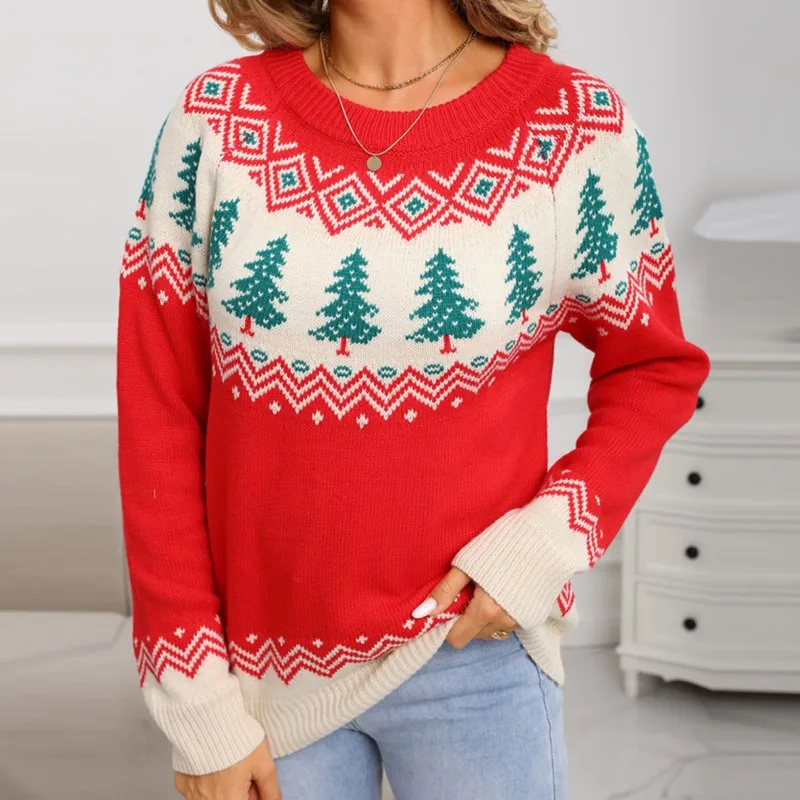 

2025 Autumn And Winter Casual Women's Knitted Sweater Fashionable Christmas Tree Pattern Round Neck Long Sleeve Loose Sweater