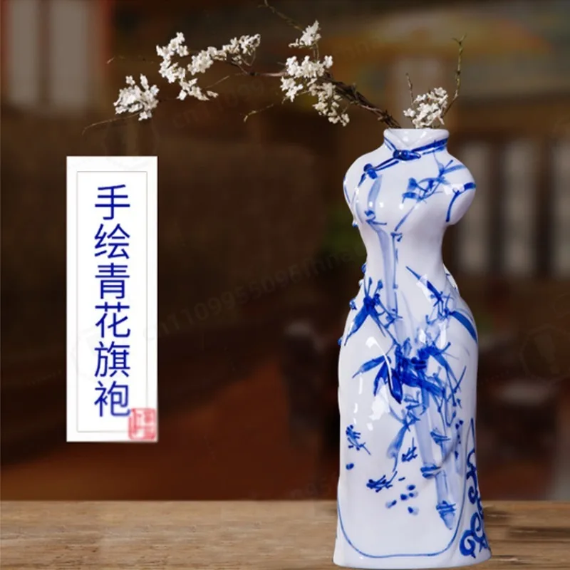 Jingdezhen Ceramics Hand-painted Blue and White Porcelain Cheongsam Small Vase Simple Modern Home Decoration Handicraft Ornament