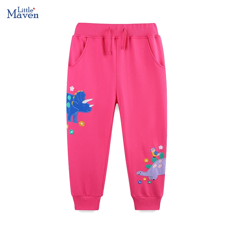 

Повседневные штаны для девочек Little maven, брюки с вышивкой динозавра из мультфильма, осенне-весенний детский костюм, хлопок