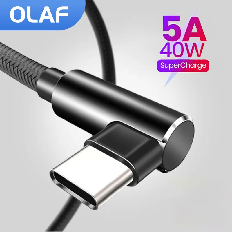 Cable USB tipo C de codo de 90 grados, cargador 5A para Samsung, Xiaomi, accesorios de teléfono móvil, Cable USB de carga rápida