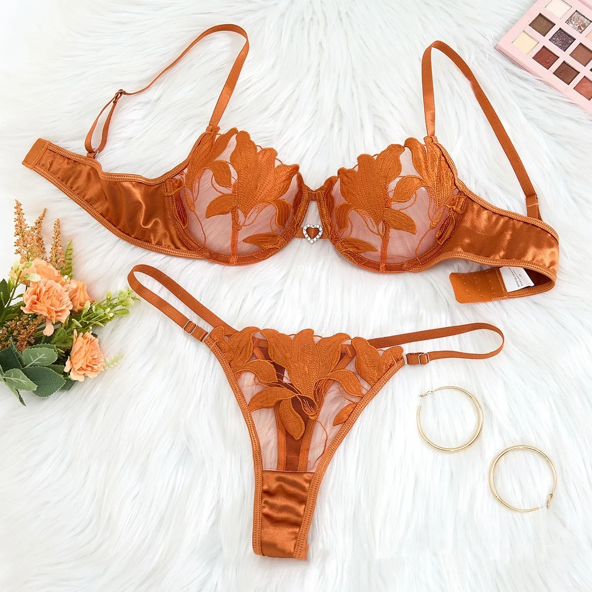 Embroidery Lingerie Set Women 2-Piece Bra + Panty Underwear Set Red Valentine\'s Day Intimates