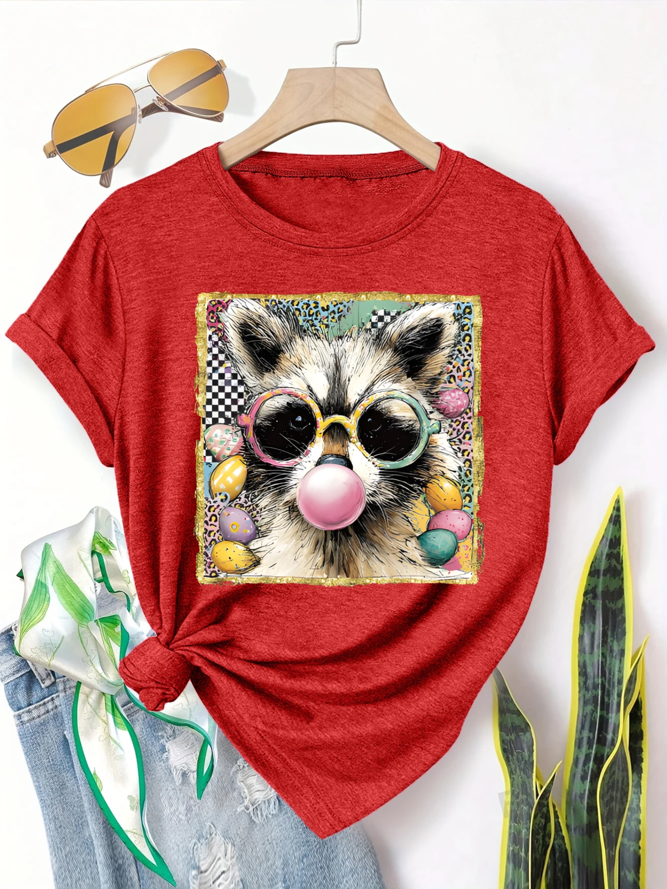 

Plus size women's short sleeve T-shirt Fox With Glasses And Bubblegum soft and comfortable fabric summer outfits women's