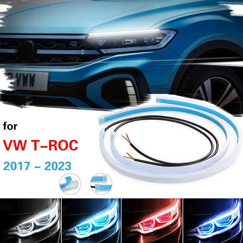 

For VW T-ROC 2017-2023 Flexible Waterproof Strip Auto Headlight Turn Signal Yellow Flow Lights LED DRL Car Daytime Running Light