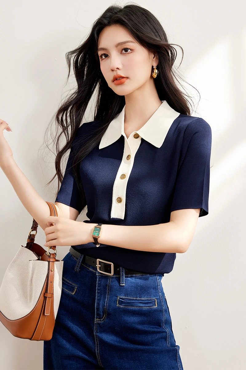 New Summer Short Sleeve Women Polo Shirts T Shirt Turn Down Collar Knitted T-Shirt Women Tops Tees Women's Clothing Camisa K257