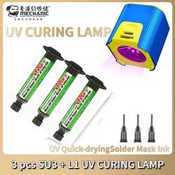 3PCS MECHANIC 10ML UV 3S Quick-drying Solder Mask Green Ink for Mobile Phone Repair Jumping Wire + L1 UV curing light